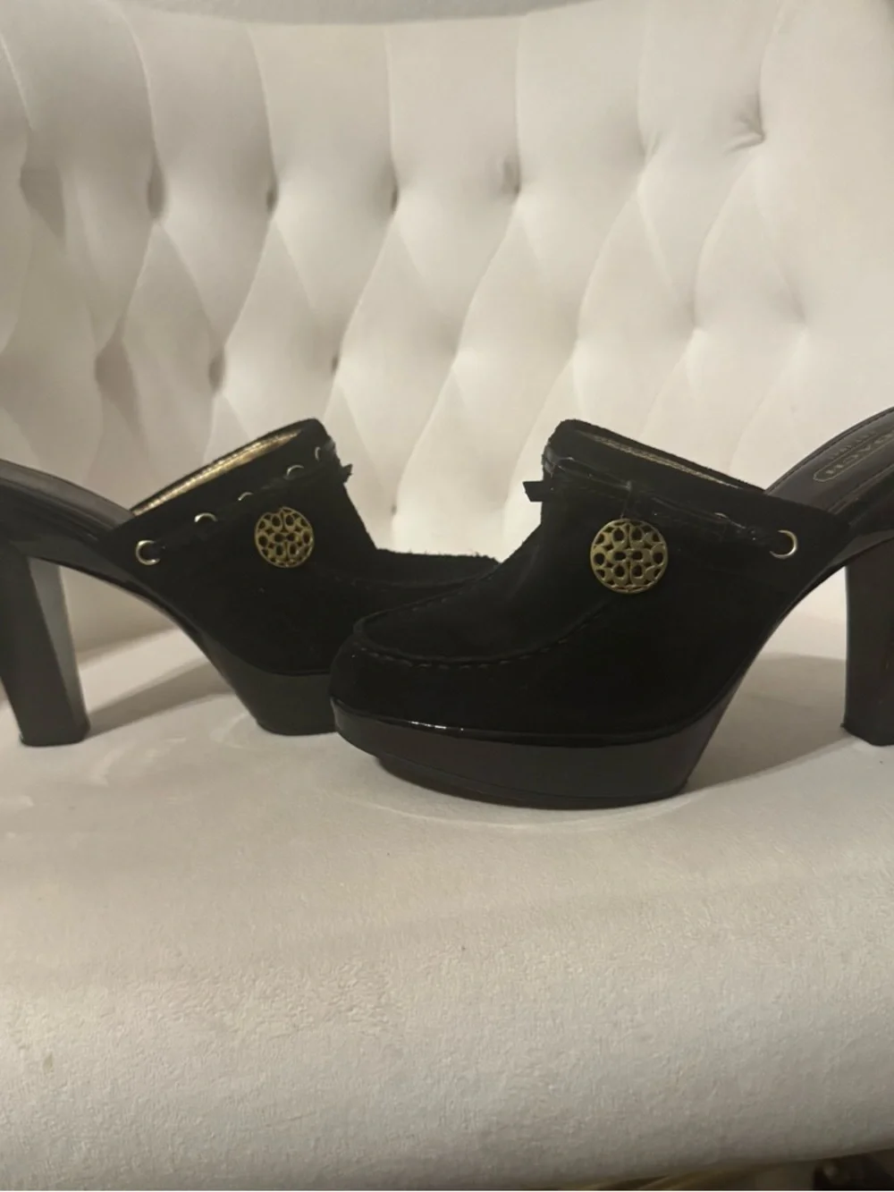 COACH Black Velvet Slip-On Clog Mules with Gold-Tone Hardware